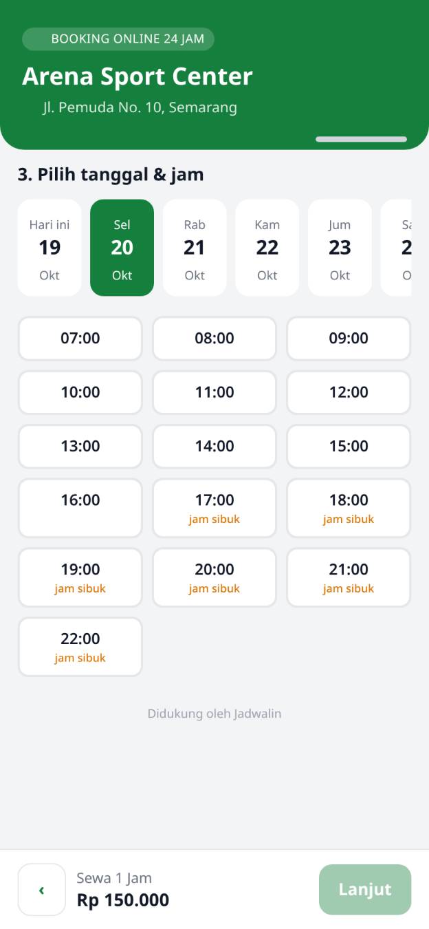 Halaman booking: pelanggan memilih jam yang masih kosong